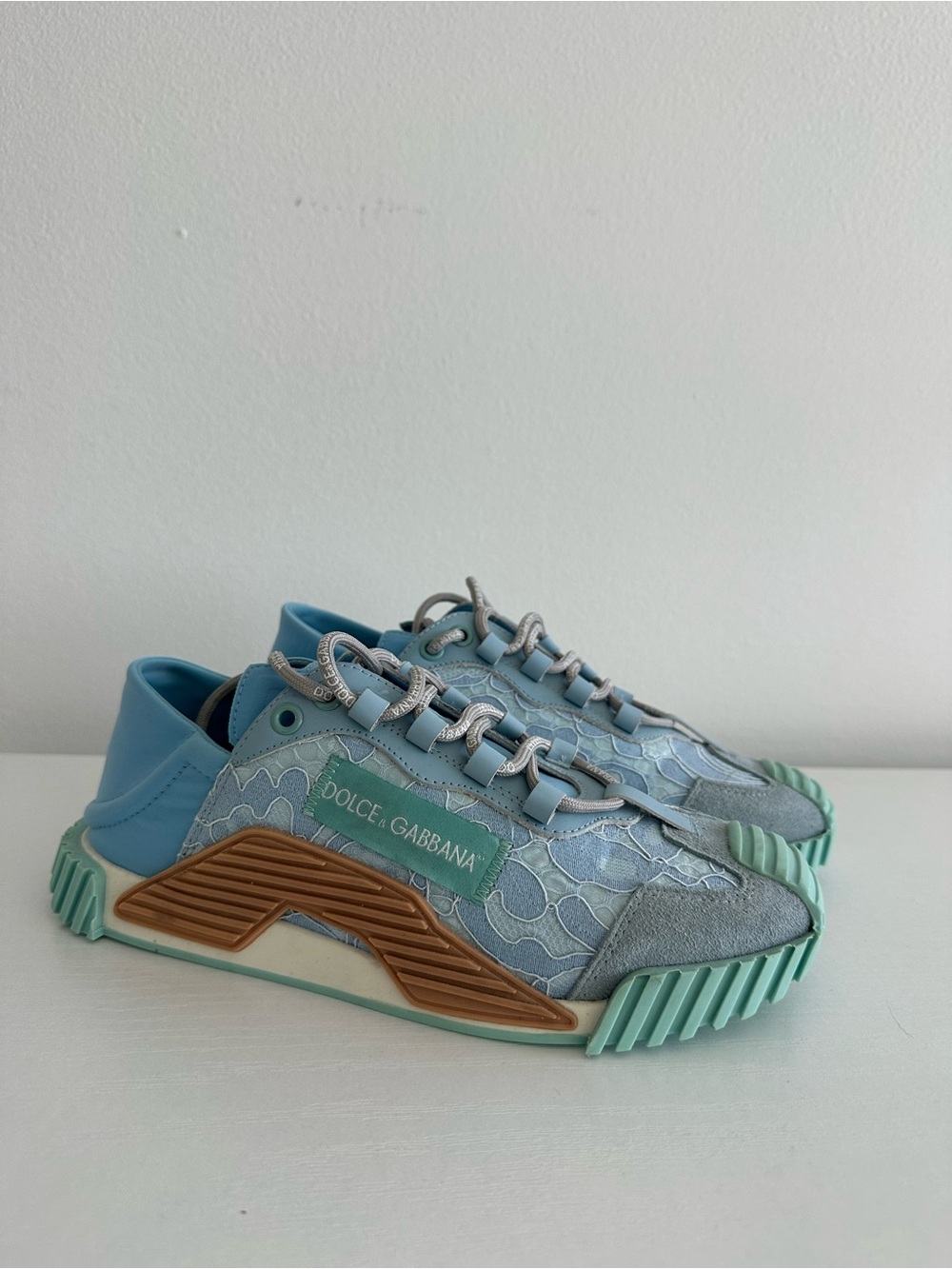 New Dolce & Gabbana Powder Blue and Mint Lace-Overlay Sneakers